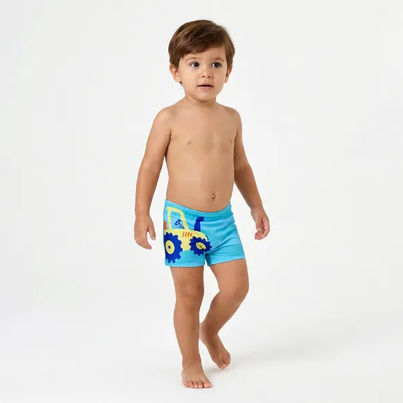 Shorts Praia Azul Toddler Trator Elastano Proteção Uv 50+ Tip Top