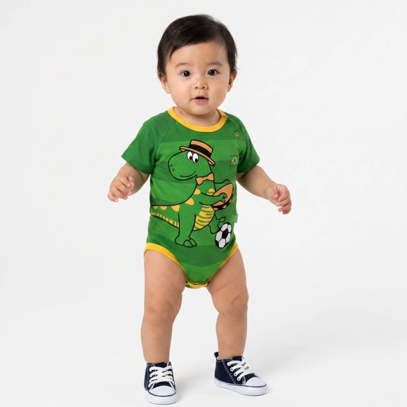 Body Manga Curta Bebê Dino Torcida Do Brasil Meia Malha Tip Top
