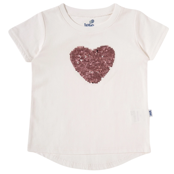 Blusa Manga Curta Kids Coração em Paetê Meia Malha Tip Top