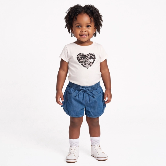 Blusa Manga Curta Toddler Coração em Paetê Meia Malha Tip Top
