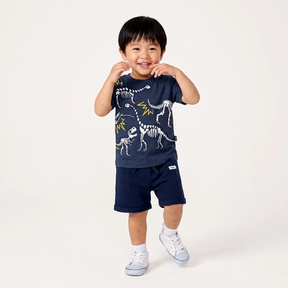 Camiseta Manga Curta Toddler Dino Meia Malha Brilha No Escuro Tip Top