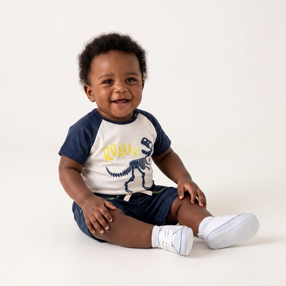Conjunto Curto Azul Bebê Dino Meia Malha Tip Top