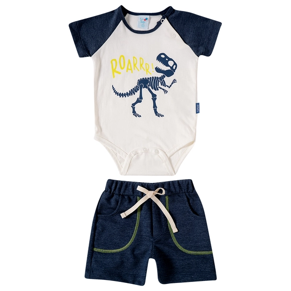 Conjunto Curto Azul Bebê Dino Meia Malha Tip Top