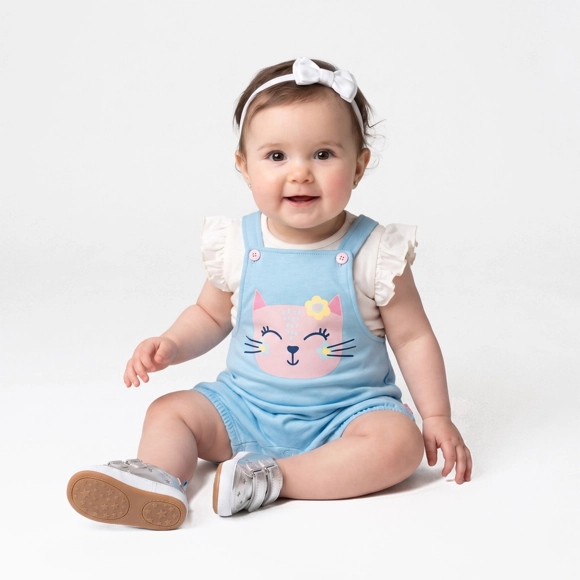 Jardineira Curta Com Body Bebê Gatinha Meia Malha E Moletinho Tip Top