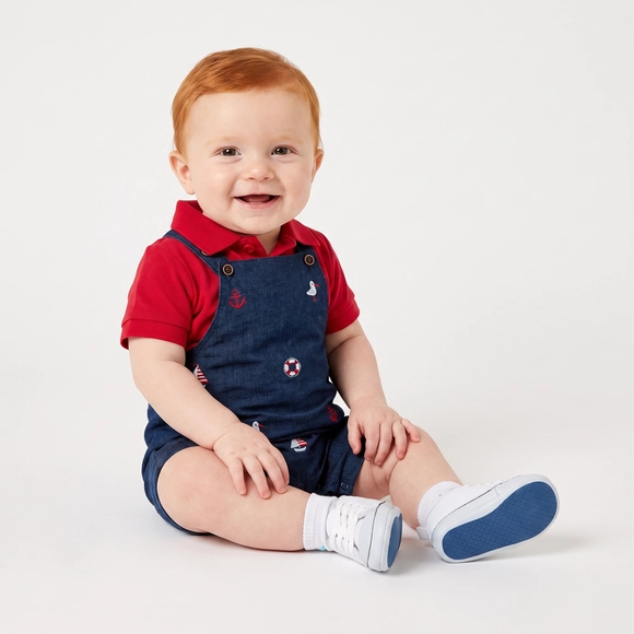 Jardineira Com Camiseta Bebê Navy Festiva Malha Piquet Tip Top