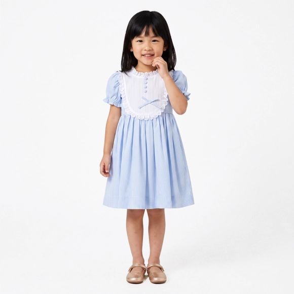 Vestido Manga Curta Kids Azul Festivo Tricoline Tip Top