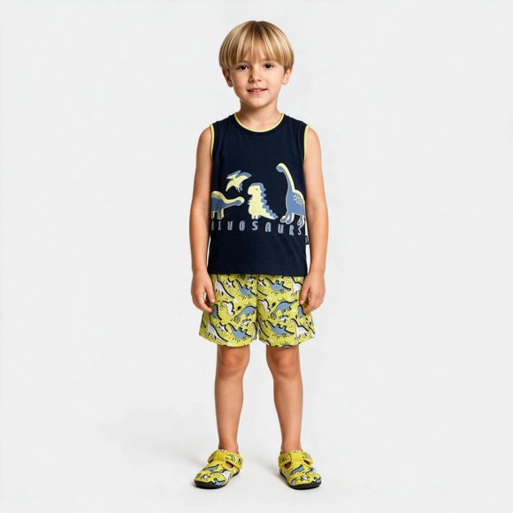 Camiseta Regata Kids Dinossaurs Meia Malha Tip Top