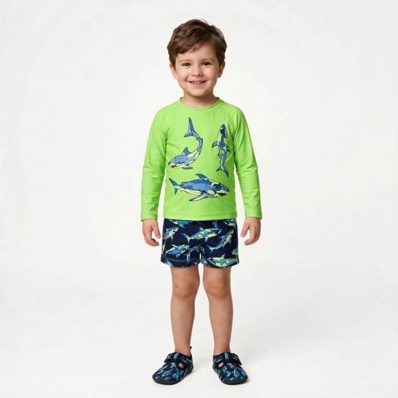 Kit Praia 3 Peças Toddler Tubarão Camuflado lycra Proteção Uv 50+ Tip Top