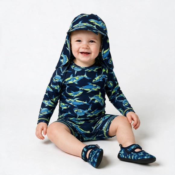 Kit Praia Boné E Macaquinho Toddler Tubarão Camuflado Elastano Proteção Uv 50+ Tip Top