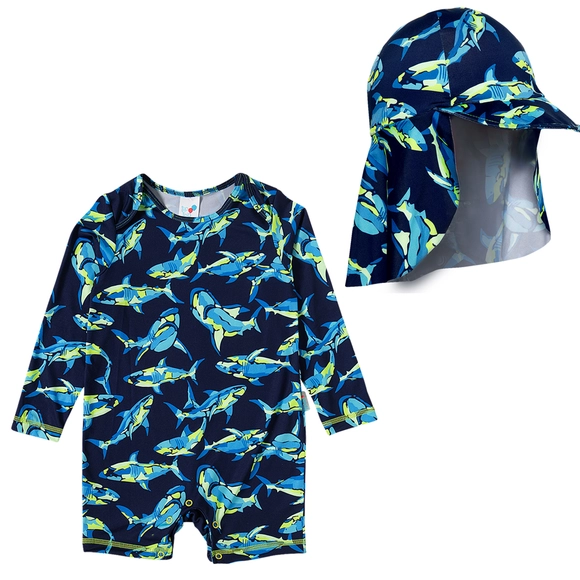 Kit Praia Boné E Macaquinho Toddler Tubarão Camuflado Elastano Proteção Uv 50+ Tip Top
