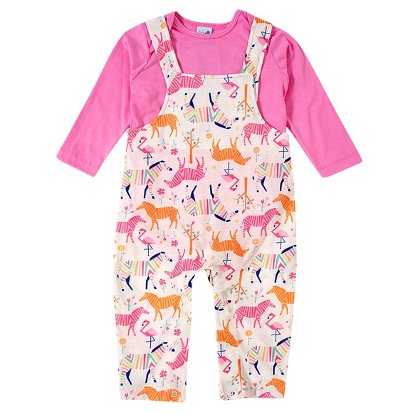 Jardineira Longa Com Body Bebê Zoo Meia Malha Tip Top